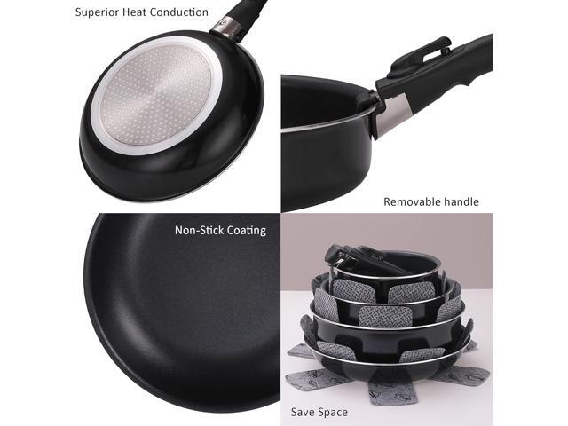 16 Pieces Kitchen Removable Handle Cookware Sets, Stackable Pots and Pans Set Nonstick for Induction Gas RVs Camping Space Saving