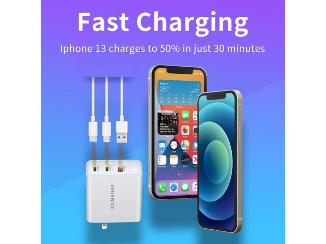 Icomroad USB C Charger, GaN 65W QC PC 3-Port Compact Foldable Wall Fast Charger Travel for iPhone 15/15 pro/14/13/Pro, iPad, Samsung, MacBook...