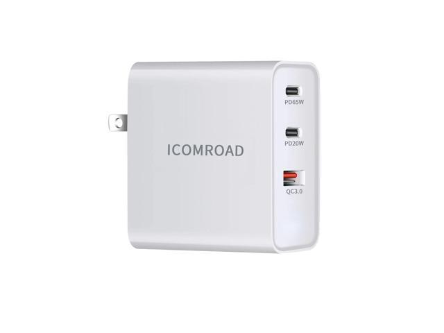 Icomroad USB C Charger, GaN 65W QC PC 3-Port Compact Foldable Wall Fast Charger Travel for iPhone 15/15 pro/14/13/Pro, iPad, Samsung, MacBook...