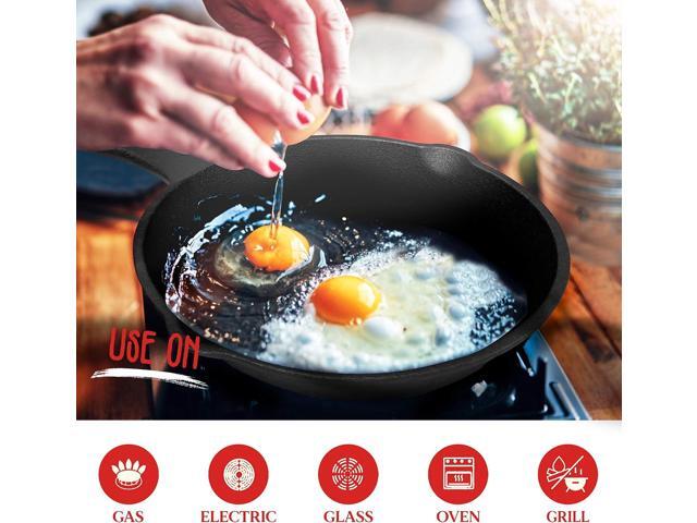 NutriChef Pre-Seasoned Cast Iron Skillet Pans - 3 Pieces Kitchen Frying Pan Nonstick Cookware Set w/Drip Spout - Includes Scraper - Electric...