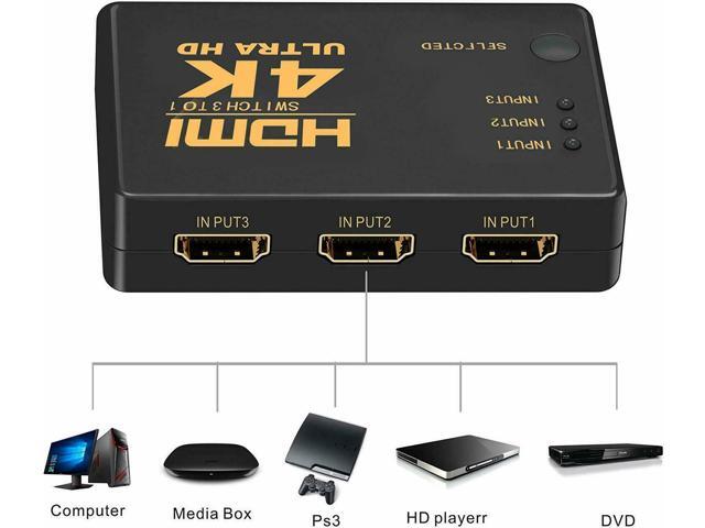 4K HDMI 2.0 Cable Splitter Switcher Box Hub IR Remote Control 3X1 Power 3 to 1