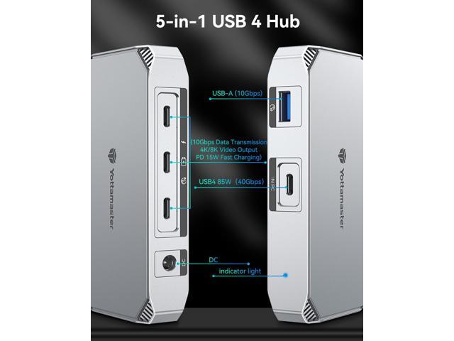 Yottamaster 5 in 1 USB4 HUB 40Gbps, Single 8K 30Hz or Dual 4K60Hz Display, PD 85W, USB 3.2 Gen2, Compatible with Mac, Windows, Thunderbolt 4/3 and...