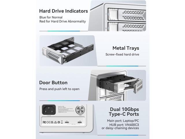 Yottamaster VN400C3 4 Bay Hard Drive Enclosure, 10Gbps Daisy-Chain 4 Bay DAS, Aluminum USB C DAS Enclosure Support 88TB (4x22TB), Max Up to 264TB...