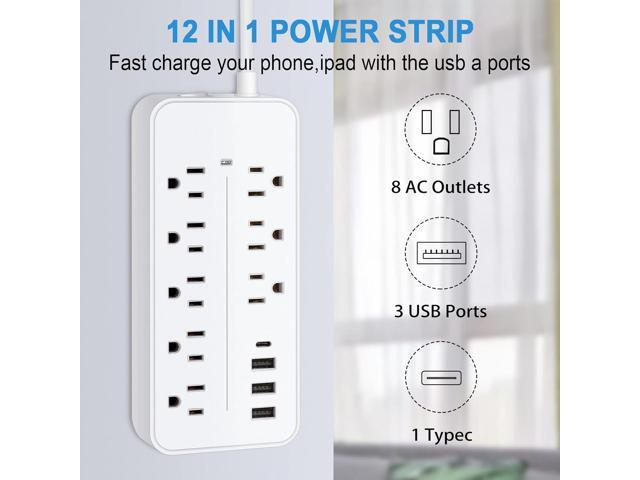 Power Strip Surge Protector,8 Outlets & 3 USB Ports & 1 USB-C Port, 1700 Joules Wall Mount Desk Power Strip, 4 Ft Power Cord Angled Flat Plug,...