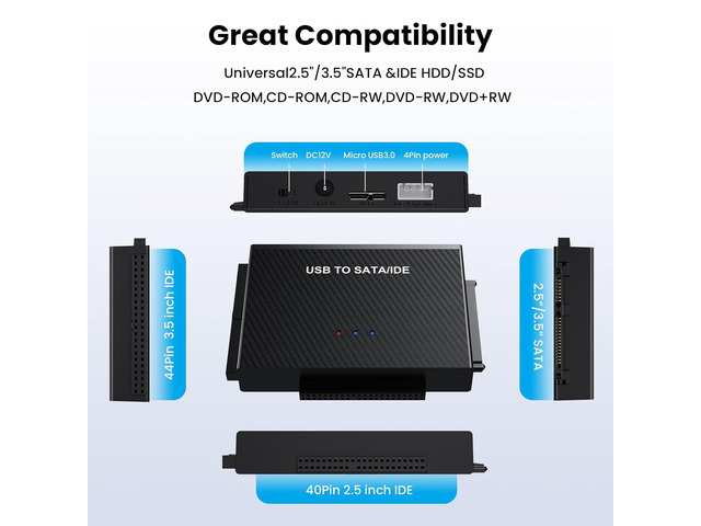 Hard Drive Reader USB 3.0 to SATA IDE Adapter,IDE SATA to USB + Type C External Hard Drive Adapter Data Recovery Converter Kit for Universal 2.5...