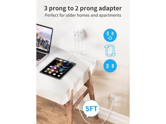 NTONPOWER 2 Prong Power Strip, 1875W/15A, 180° Rotating Plug, Two Prong Power Strip, 2 Prong to 3 Prong Outlet Adapter, 3 Outlets 2 USB, 5 ft...