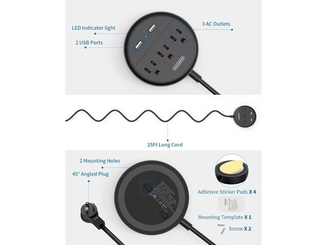 Extension Cord 25 ft, NTONPOWER Flat Plug Power Strip with USB, 3 Outlet 2 USB Desktop Charging Station, Wall Mount Power Strip for Home Office, Black