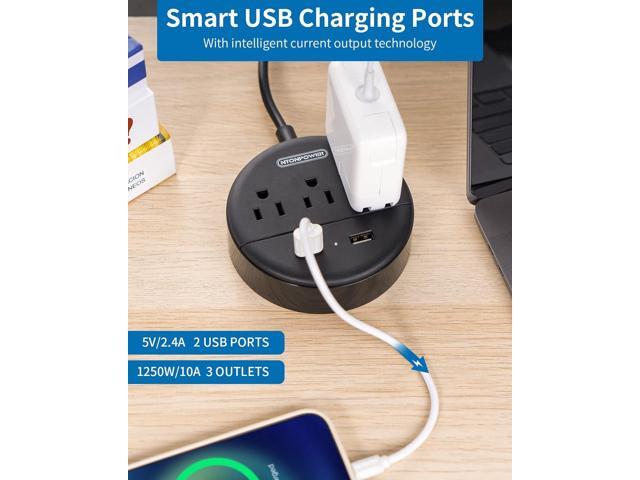 Extension Cord 25 ft, NTONPOWER Flat Plug Power Strip with USB, 3 Outlet 2 USB Desktop Charging Station, Wall Mount Power Strip for Home Office, Black