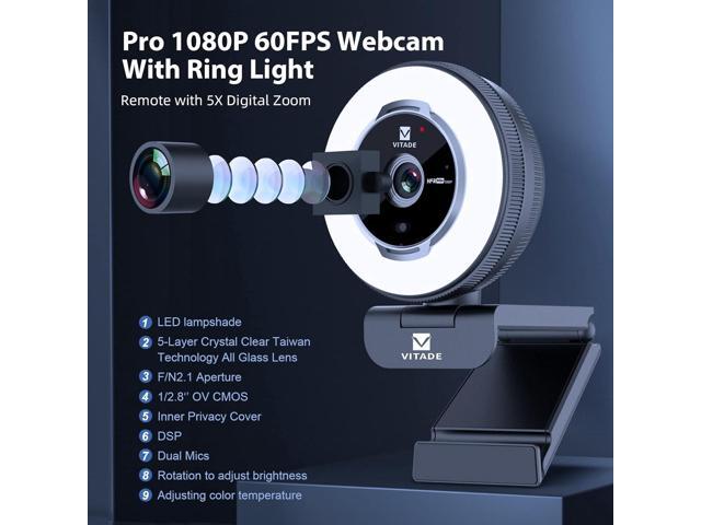 Zoomable Webcam with Remote Control, Vitade 1080P 60FPS Streaming Webcam with Ring Light and Microphone, Pro USB Webcam with 5X Digital Zoom Built...