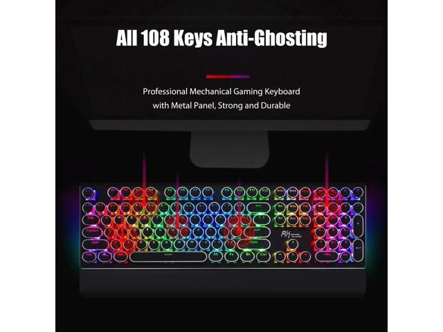 S108 Typewriter Keyboard, Retro Mechanical Gaming Keyboard Wired 108 Keys with RGB Backlit Sidelight, Detachable Wrist Rest, Round Keycaps Blue...