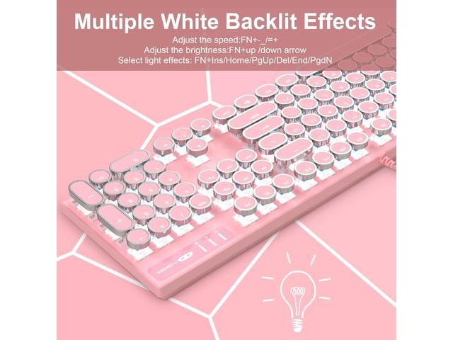 Camiysn Typewriter Style Mechanical Gaming Keyboard, Pink Retro Punk Gaming Keyboard with White Backlit, 104 Keys Blue Switch