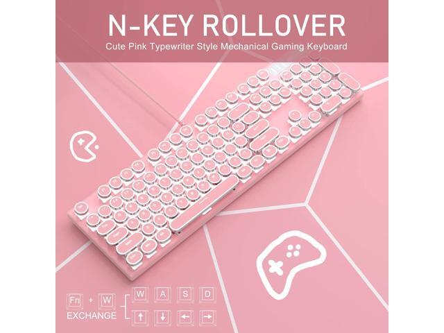 Camiysn Typewriter Style Mechanical Gaming Keyboard, Pink Retro Punk Gaming Keyboard with White Backlit, 104 Keys Blue Switch