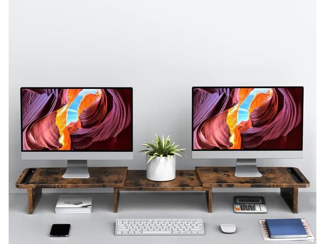 Zimilar Dual Monitor Stand Riser, with Adjustable Length and Angle, Wood for Desk, Riser 2 Monitors Storage Space (Rust Brown Large)