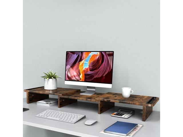 Zimilar Dual Monitor Stand Riser, with Adjustable Length and Angle, Wood for Desk, Riser 2 Monitors Storage Space (Rust Brown Large)