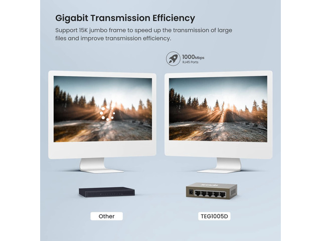 Tenda TEG1005D, 5-Port Gigabit Ethernet Switch, Unmanaged Ethernet Splitter, Network Switch Hub, Traffic Optimization, Plug & Play, Fan-less Metal...