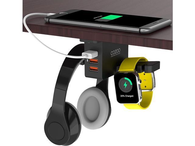 Headphone Stand with USB Charger COZOO Under Desk Headset Holder Mount with 3 Port USB Charging Station and Smart Watch Charging Dock Dual Earphone.