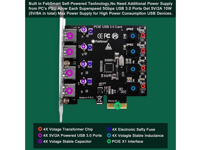 FebSmart 4 Ports Superspeed 5Gbps USB 3.0 PCI Express Expansion Card for Windows 11, 10, 8.x, 7, Vista, XP Desktop PCs, Built in Self-Powered...
