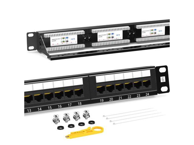 AMPCOM Premium Series CAT6 24 Ports Patch Panel, Rack Mount - 1U, 19 inch, RJ45 Ethernet 568A 568B, 15u Gold Plated, with Rear Cable Support Bar
