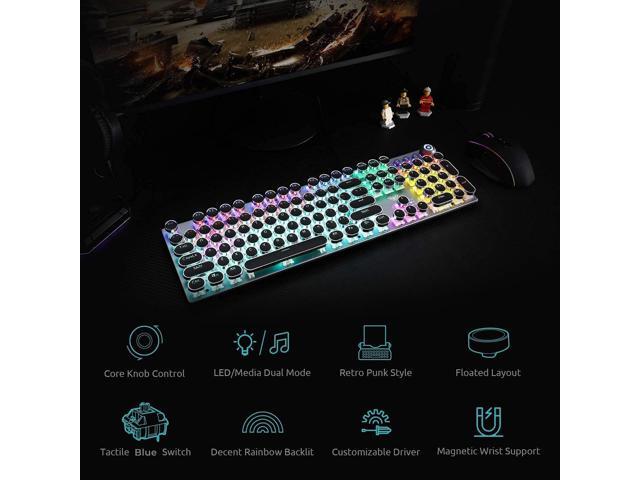 AULA F2088 Typewriter Style Mechanical Gaming Keyboard Blue Switch, with Removable Wrist Rest, Media Control Knob, Rainbow Backlit, Retro Punk...