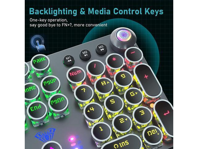 AULA F2088 Typewriter Style Mechanical Gaming Keyboard Blue Switch, with Removable Wrist Rest, Media Control Knob, Rainbow Backlit, Retro Punk...