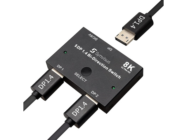 Synvisus Displayport Switch, Bi-Directional Manual DP 1.4 Switch 2 in 1 Out Displayport Switch, 3D UHD 8K@60Hz, 4K@120Hz for PC Host Monitor Laptop...