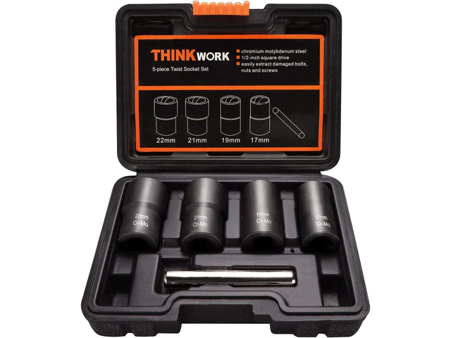 THINKWORK Lug Nut Remover, 5 Pieces Wheel Lock Removal Kit for Removing Stripped, Damaged, Frozen, Rusted, Rounded-Off Bolts, Nuts & Screws