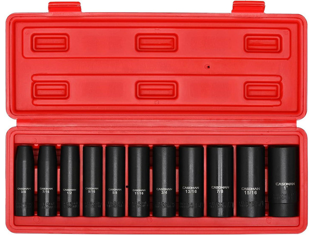 CASOMAN 11 Pieces 1/2-Inch Drive Deep Impact Socket Set, SAE, 6-Point, 3/8-Inch to 1-Inch