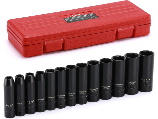 CASOMAN 13 Pieces 3/8-Inch Drive Impact Socket Set, 6-Point, Metric, Deep, CR-V, 7mm to 19mm, Heavy Duty Blow Molded Storage Case