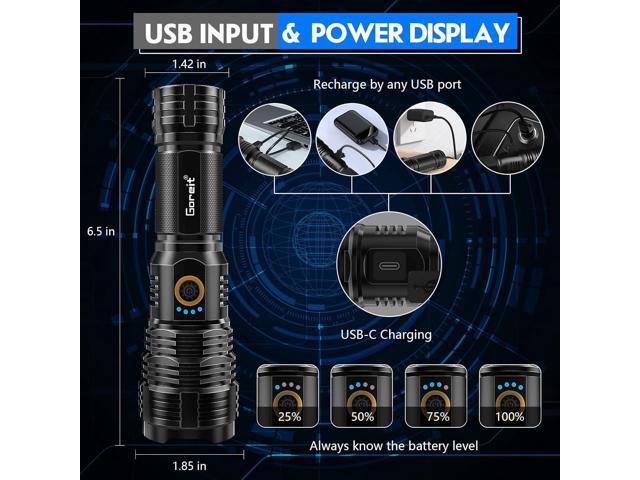 Flashlights LED High Lumens Rechargeable, Goreit 950000 Lumens XHP70.2 Super Bright Flashlight, Flash Light Battery Powered, Powerful Handheld...