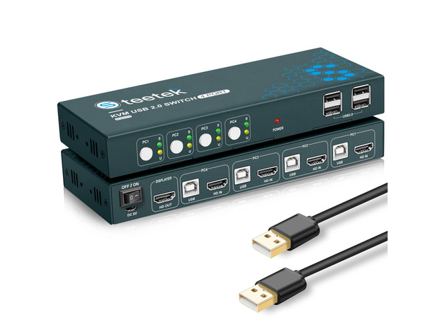 4 Port HDMI KVM Switch Box, KVM Switch 4K@60Hz, KVM 4 Computer Share 1 Monitor Controlled by Keyboard Mouse, USB 2.0 and HDCP 2.2 Compatible,...