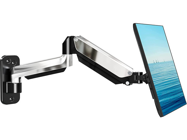 MOUNTUP Monitor Wall Mount, Fully Adjustable Polished Aluminium Gas Spring Single Monitor Arm for Max 32 Inch Flat Curved Computer Screen, Swivel...