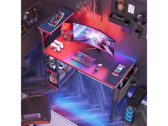 Bestier Gaming Desk with LED Lights, 44 Inch PC Gamer Desk for Small Spaces, Computer Desk with Reversible Storage Shelves & Side Storage Bag...