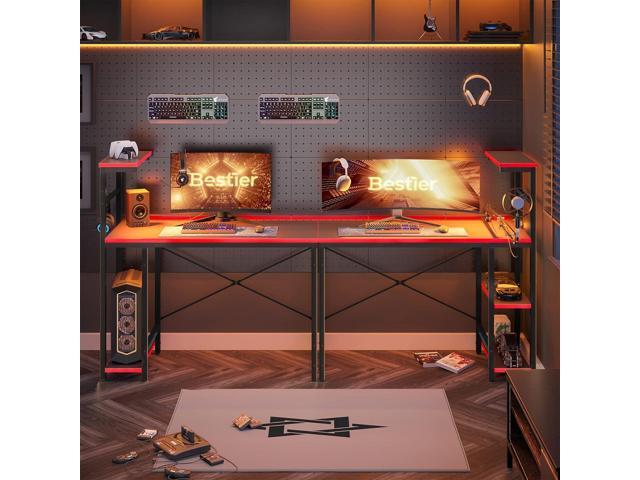 Bestier Gaming Desk with LED Lights, 44 Inch PC Gamer Desk for Small Spaces, Computer Desk with Reversible Storage Shelves & Side Storage Bag...