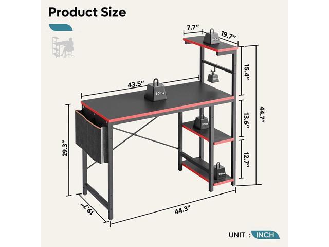 Bestier Gaming Desk with LED Lights, 44 Inch PC Gamer Desk for Small Spaces, Computer Desk with Reversible Storage Shelves & Side Storage Bag...