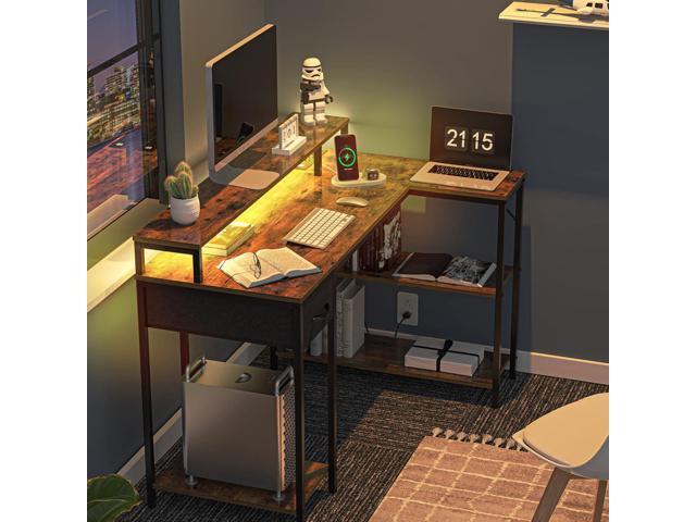 SUPERJARE L Shaped Gaming Desk with LED Lights & Power Outlets, Reversible Computer Desk with Shelves & Drawer, Corner Desk Home Office Desk,...