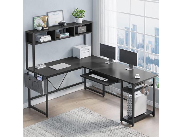 SEDETA L Shaped Gaming Desk, Reversible 94.5 Computer Desk, Gaming Desk with Led Lights, Keyboard Tray and Storage Bag for Home Office, Black
