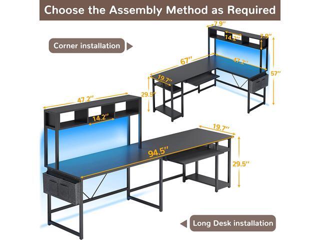 SEDETA L Shaped Gaming Desk, Reversible 94.5 Computer Desk, Gaming Desk with Led Lights, Keyboard Tray and Storage Bag for Home Office, Black