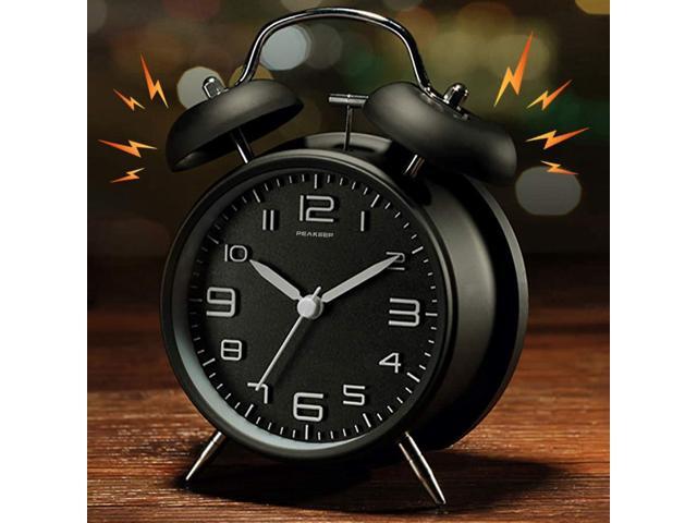 Peakeep 4 Inches Twin Bell Loud Alarm Clock for Heavy Sleepers, Backlight, Battery Operated Old Fashioned Alarm Clock for Bedrooms (Black)