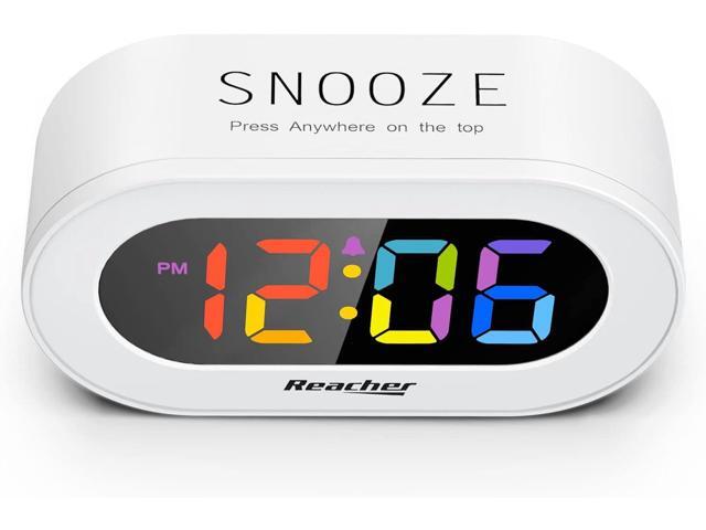 REACHER Small Colorful LED Digital Alarm Clock with Snooze, Simple to Operate, Full Range Brightness Dimmer, Adjustable Alarm Volume, Outlet...
