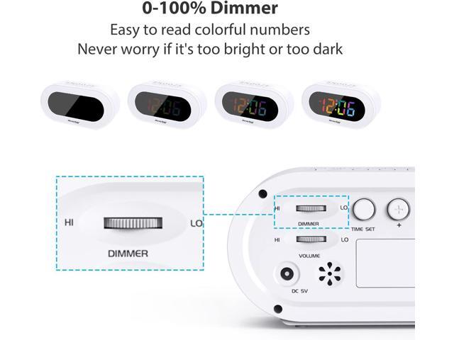 REACHER Small Colorful LED Digital Alarm Clock with Snooze, Simple to Operate, Full Range Brightness Dimmer, Adjustable Alarm Volume, Outlet...