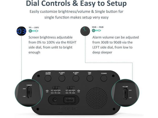 Digital Dual Alarm Clock for Bedroom, Easy to Set, 0-100% Dimmer, USB Charger, 5 Sounds Adjustable Volume, Weekday/Weekend Mode, Snooze, 12/24Hr,...