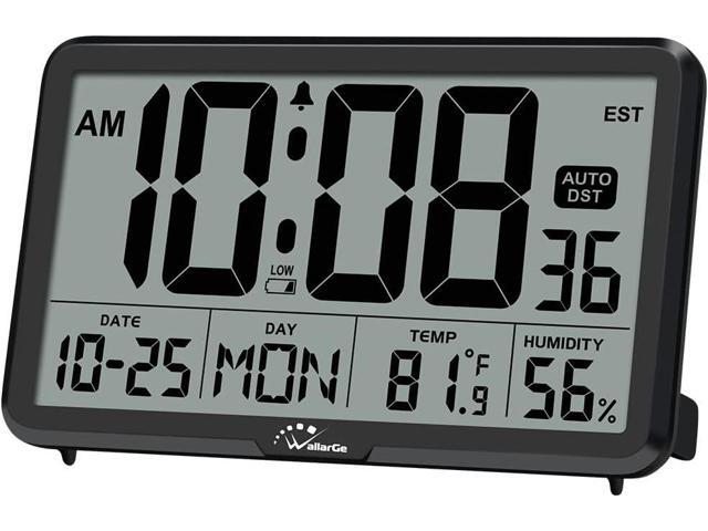 WallarGe Auto Set Digital Wall Clock Battery Operated, Desk Clocks with Temperature, Humidity and Date, Large Display Digital Calendar Alarm Clock...