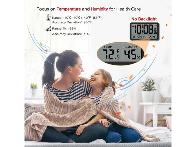 WallarGe Auto Set Digital Wall Clock Battery Operated, Desk Clocks with Temperature, Humidity and Date, Large Display Digital Calendar Alarm Clock...