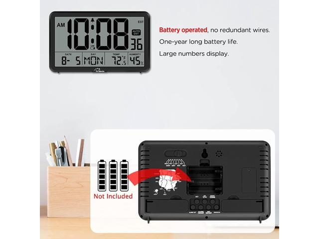 WallarGe Auto Set Digital Wall Clock Battery Operated, Desk Clocks with Temperature, Humidity and Date, Large Display Digital Calendar Alarm Clock...