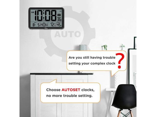 WallarGe Auto Set Digital Wall Clock Battery Operated, Desk Clocks with Temperature, Humidity and Date, Large Display Digital Calendar Alarm Clock...