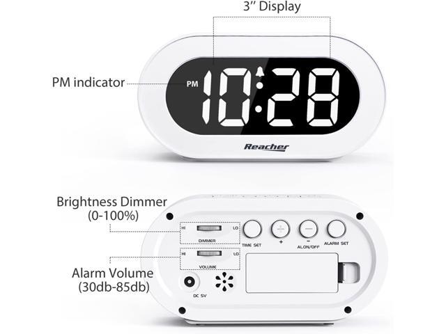REACHER Small LED Digital Alarm Clock with Snooze, Simple to Operate, Full Range Brightness Dimmer, Adjustable Alarm Volume, Outlet Powered Compact...