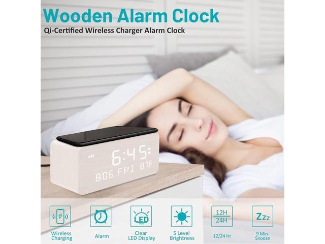 Andoolex Wooden Digital Alarm Clock with Wireless Charging, 0-100% Adjustable Brightness Dimmer and Volume, Weekday/Weekend Mode, Dual Alarm,...