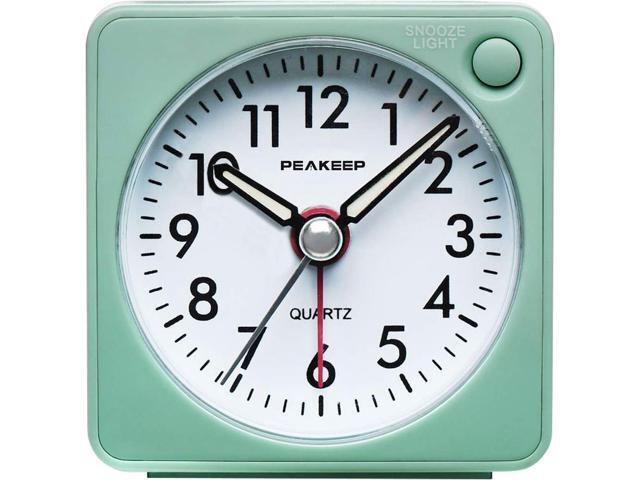 Peakeep Ultra Small, Battery Travel Alarm Clock with Snooze and Light, Silent with No Ticking Analog Quartz (Aquamarine)