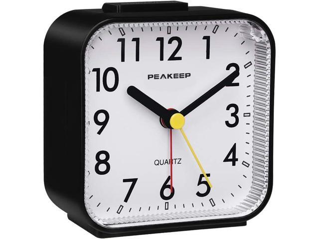 Peakeep Small Battery Operated Analog Travel Alarm Clock Silent No Ticking, Lighted on Demand and Snooze, Beep Sounds, Gentle Wake, Ascending...