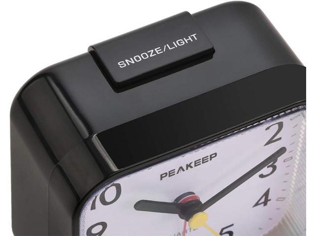 Peakeep Small Battery Operated Analog Travel Alarm Clock Silent No Ticking, Lighted on Demand and Snooze, Beep Sounds, Gentle Wake, Ascending...